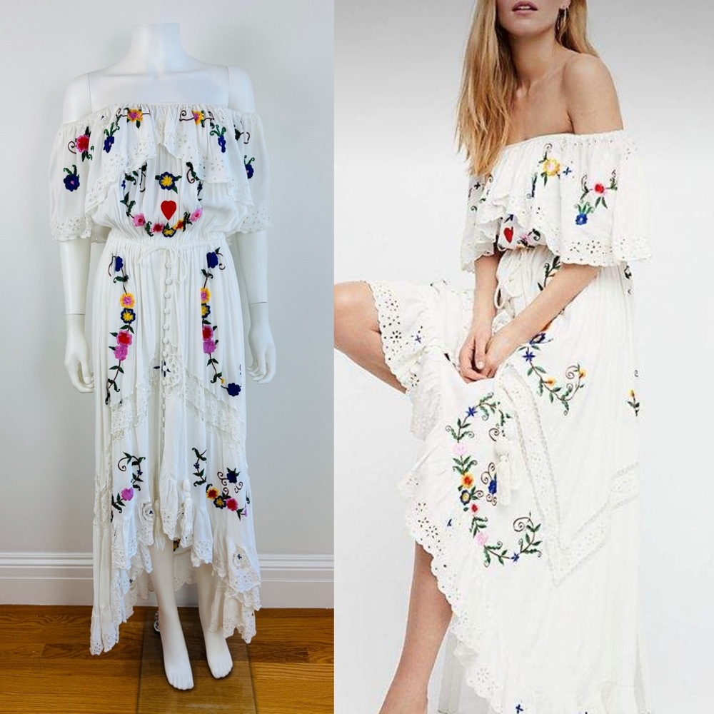 Fillyboo Tambourine White Floral Embroidered Off Shoulder Maxi Dress